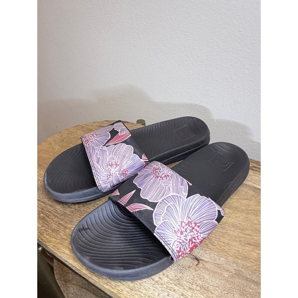 Reef Slide Sandals Black Purple Floral Print Comfort Strap Women Size 10